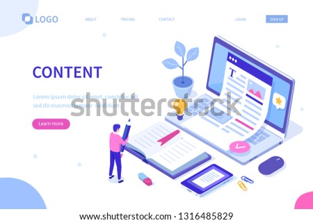 Web content concept with character. Can use for web banner, infographics, hero images. Flat isometric vector illustration isolated on white background.