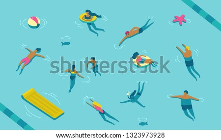 People swimming in pool or sea. Cartoon modern characters set. Flat vector illustration.