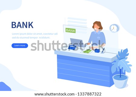 Bank cashier behind cash department window. Can use for web banner, infographics, hero images. Flat isometric vector illustration isolated on white background. Stock foto © 
