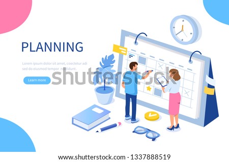 Planning schedule and calendar concept. Can use for web banner, infographics, hero images. Flat isometric vector illustration isolated on white background.