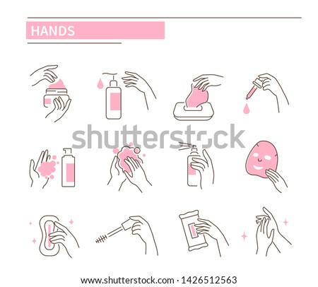 Hands with different cosmetic products. Line style vector illustration isolated on white background.
