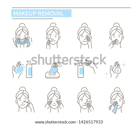 Facial make up removal concept. Line style vector illustration isolated on white background.