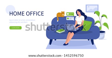 Happy woman sitting on sofa with laptop.  Can use for backgrounds, infographics, hero images. Flat style modern vector illustration.