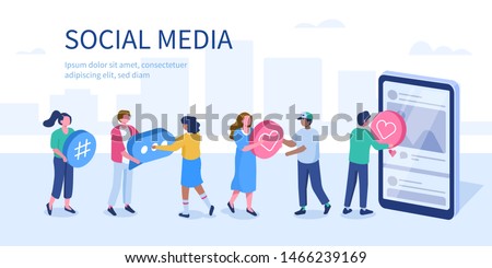 Social media referral marketing concept with characters.  Flat isometric vector illustration isolated on white background.
