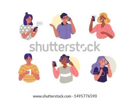 Young People use Smartphones, Chatting, making Selfie and listening Music. Happy Boys and Girls talking and typing on Phone. Female and Male Characters collection. Flat Cartoon Vector Illustration.
