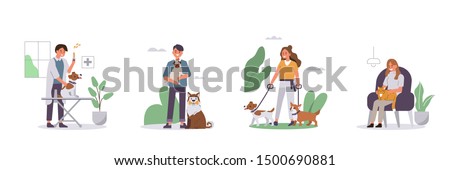 People Walking, Relaxing with Pets Set. Veterinarian vaccinating Dog in Vet Clinic. Woman and Man Characters Taking Care of Animals. Dog and Cat Pet Sitters Concept. Flat Cartoon Vector Illustration.