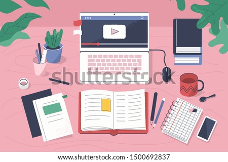 Student Creative Workplace. Modern Office Desk with Laptop, Books, Notebooks and other Studying Supplies. Online Education and  E-Learning Concept. Flat Cartoon Vector Illustration.