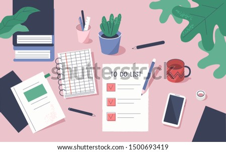 To Do List with Check Marks. Modern Office Desk with Planners, Organizers, Notebooks. Planning, Personal Organizer and Time management Concept.  Flat Cartoon Vector Illustration.