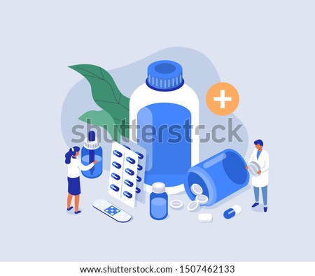 Doctor Pharmacist in Drugstore Standing near Medicine Pills and Bottles. Medical Staff  Choosing Medicaments. Pharmacy Store Concept. Flat Isometric Vector Illustration. Imagine de stoc © 