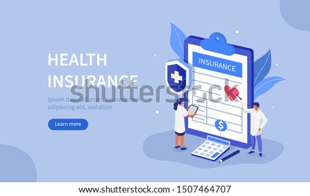 
Doctors Characters stand near Health Insurance Contract. Staff in Hospital Office filling Medical Document Form. Health care Concept. Flat Isometric Vector Illustration.