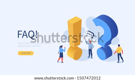 People Characters Standing near Exclamations and Question Marks. Woman and Man Ask Questions and receive Answers. Online Support center. Frequently Asked Questions Concept. Flat Vector Illustration. Stockfoto © 