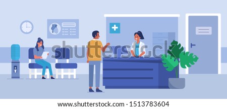 Man character talking with the woman receptionist at the hospital room. Patient waiting for the doctor. Doctor's office reception. Medical clinic concept. Flat cartoon vector illustration.