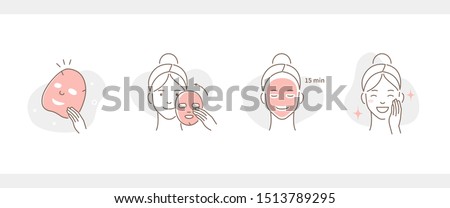 Beauty Girl Take Care of her Face and Use Facial Sheet Mask. Adorable Woman Making Skincare Procedures. Skin Care Routine, Hygiene and Moisturizing Concept. Flat Cartoon Illustration and Icons set.