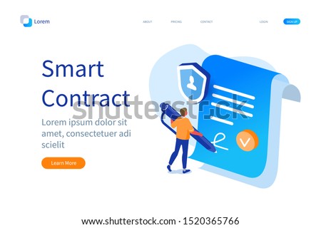 Smart Contract Banner Template. Man Character Signing Digital Signature at Online Business Contract. Data Protection and Privacy Policy Concept. Flat Isometric Vector Illustration.