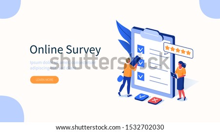 People Characters Filling Test in Customer Survey Form. Woman and Man putting Check Mark on Checklist. Customer Experiences and Satisfaction Concept. Flat Isometric Vector Illustration.