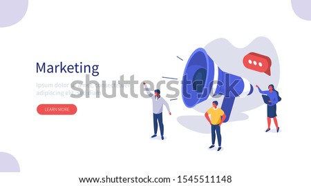 People use Big Loudspeaker to Communicate with Audience. PR Agency Team work on Social Media Promotion. Public Relation, Digital Marketing and Media Concept. Flat Isometric Vector Illustration.
