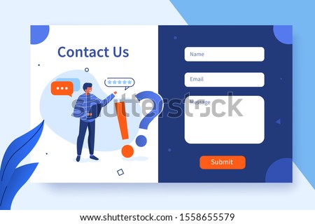 Contact Us Form Template for Web and Landing Page. Male Customer Service Agent Talking with Client and Suggest Help. Online Customer Support and Helpdesk Concept. Flat Cartoon Vector Illustration.