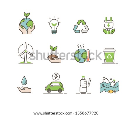 Ecology Icons Set. Global Warming, Climate Change, Plastic Pollution and other Ecology Problems. Save the Planet Symbols. Eco Environment Signs Collection. Flat Line Cartoon Vector Illustration.