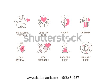 
Vegan Organic Cosmetic Icons Collection. Not Tested on Animals, Cruelty Free Badges. Eco and Nature Friendly Logo Templates. Flat Line Cartoon Vector Illustration.