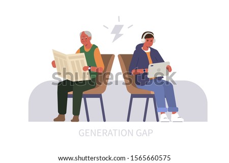Elderly Man reading Newspaper, Teenage Boy using Tablet. Two People Characters Arguing. Baby Boomer and Millennial or Generation Z Conflict. Generation Gap Concept. Flat Cartoon Vector Illustration.