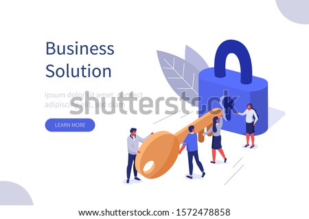 Business Team Holding Golden Key and Unlocking the Lock. Successful Businessman and Businesswoman  Working Together. Business Solution Concept. Flat Isometric Vector Illustration.