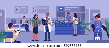 People Characters in Hospital Reception. Medical Staff Working. Doctor Talking with Patient at the Hospital Room. Patients Waiting for Doctor. Medical Clinic Concept. Flat Cartoon Vector Illustration.