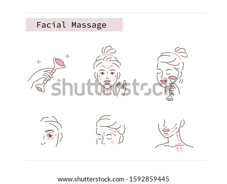 Beauty Girl Take Care of her Face and Use Facial Roller. Adorable Woman Making Skincare Procedures. Skin Care Facial Massage and Relaxation Concept. Flat Vector Illustration and Icons set.