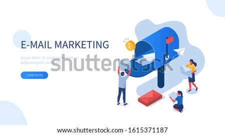 People Characters Standing Near Postbox and Sending Mails. Woman and Man Holding Envelopes Reading Letters. E-mail Marketing Concept. Flat Isometric Vector Illustration.
