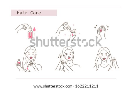 Beauty Girl Take Care of her Damaged Hair and Applying Treatment Oil. Woman Making Haircare Procedures.  Beauty Care Routine and Procedures. Flat Line Vector  Illustration and Icons set.