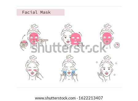 Beauty Girl Take Care of her Face and Applying Facial Sheet and Clay Mask. Woman Making Skincare Procedures. Skin Care Routine, Hygiene and Moisturizing. Flat Line Vector  Illustration and Icons set.
