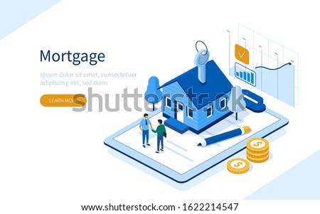 Character Buying Mortgage House and Shaking Hands with Real Estate Agent. People Invest Money in Real Estate Property. House Loan, Rent and Mortgage Concept. Flat Isometric Vector Illustration.