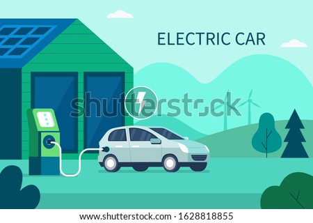 Charging Electric Car Battery at Electric Recharge Station. Modern Hybrid Auto. New Alternative Energy Vehicle. Futuristic Transport, Green Energy, Eco City Concept. Flat Cartoon Vector Illustration.