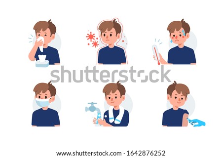 Flu Disease Symptoms and Prevention against Virus and Infection. Character has Respiratory Illness and using  Medical Mask, Tissue for Sneezing, making Vaccination. Flat Cartoon Vector Illustration.
