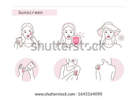 Beauty Girl Take Care of her Face, Body and Use Facial Sunscreen Cream with Spf Protection. Woman Applying Sunblock Product. Sun Protection Skincare. Flat Vector Illustration and Icons set.