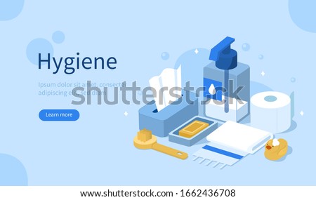
Hygienic Products in Bathroom. Liquid Soap, Shower Brush, Toilet Paper, Cleaning Tissues and Towel.  Accessorizes for Bath, Shower and Health Care. Flat Isometric Vector Illustration. Stock foto © 
