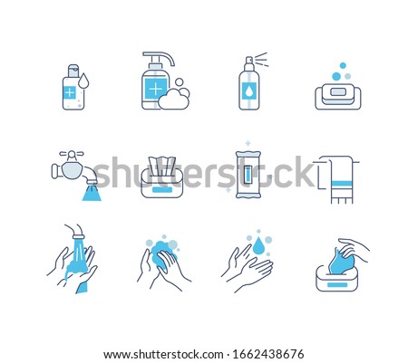 Hygiene Icons Set. Soap, Antiseptic Gel, Cleaning Tissues and other Hygienic Products. Washing Hand with Soap. Cleaning Products Signs Collection. Flat Line Cartoon Vector Illustration.
