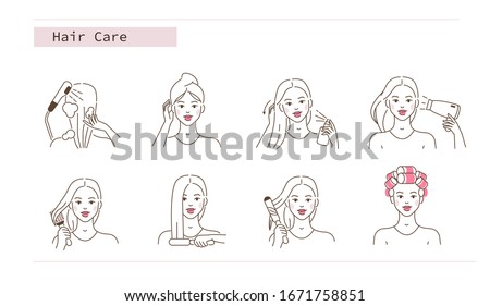 Beauty Girl Take Care of her Hair and Making Hair Styling. Woman Washing, Drying Hair with Hairdryer, Curling with Curler and Straitening with Iron. Flat Line Vector Illustration and Icons set.