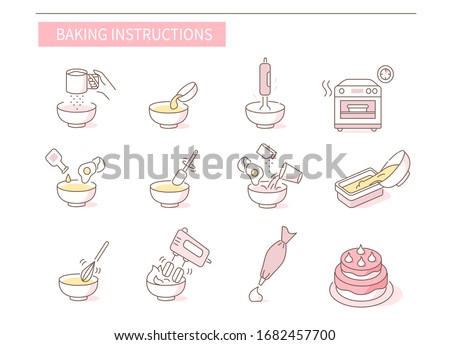 Instruction How to Prepare and Cook Dough and Cream for Pastry. Baking Ingredients and Food Preparation Symbols. Flour Dough, Cake and Biscuit Recipe. Flat Vector Illustration and Icons set.
