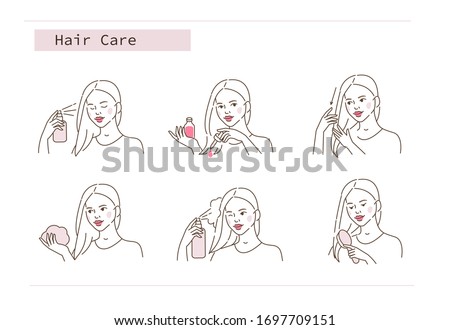 Beauty Girl Take Care of her Damaged Hair and Applying Treatment Products. Hair Oil, Lotion, Spray, and Foam.  Woman Making Haircare Procedures.  Flat Line Vector Illustration and Icons set.