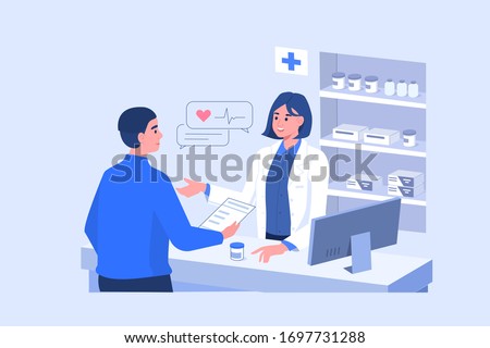 Man Customer Standing near Cashier Desk and Holding Medical Prescription. Doctor Pharmacist Consulting Patient in Pharmacy Store. Pharmaceutical Industry.  Flat Cartoon Vector Illustration. 