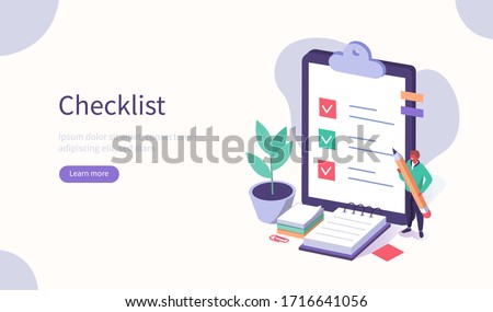 People Character Holding Pencil and Putting Check Mark on Checklist in Survey Form. Notebook and Memory Stickers. Business Organization and Planning Concept. Flat Isometric Vector Illustration.