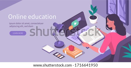 Student Learning Online at Home. Character Sitting at Desk, Looking at Laptop and Studying with Smartphone, Books and Exercise Books. Online Education Concept. Flat Isometric Vector  Illustration.