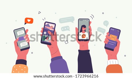 Young People use Smartphones and Surfing in Social Media. Boys and Girls Chatting, Watching Video, Liking Photos. Female and Male Characters Talking in Mobile App. Flat Cartoon Vector Illustration.