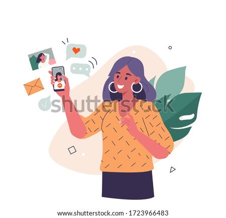 Young Woman use Smartphone and Surfing in Social Media. Girl Chatting, Watching Video, Liking Photos and Make Video Call with Friends in Mobile App. Flat Cartoon Vector Illustration.