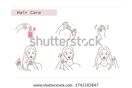
Beauty Girl Take Care of her Damaged Hair and Applying Treatment Oil. Woman Making Haircare Procedures.  Beauty Care Routine and Procedures. Flat Line Illustration and Icons set.