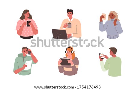 Young People use Smartphones, Laptops and Tablets. Characters with Different Devices. Boys and Girls Talking and Typing on Phone. Female and Male Characters Set. Flat Cartoon Vector Illustration.