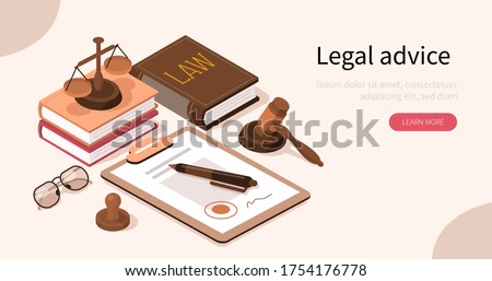 Lawyer Office Workplace with Signed Legal Contract, Judge Gavel, Scales of Justice and Legal Books. Law and Justice Concept. Flat Isometric Vector Illustration.