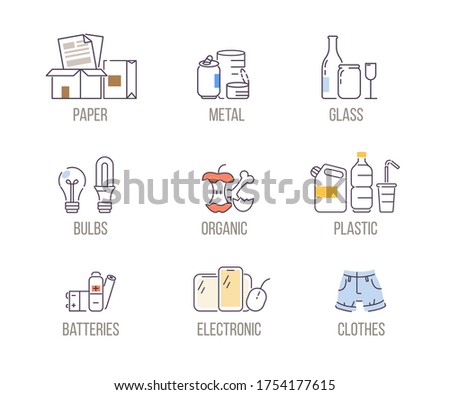 Waste Sorting Icons Set. Various Types of Trash for Segregation. Plastic, Paper, Organic and other Garbage Symbols. Waste Disposal Signs Collection. Flat Line Cartoon Vector Illustration.