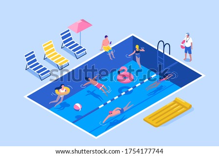 People Characters Swimming in Public Swimming Pool in Summer. Man and Woman wearing Swimsuits Sunbathing,  Lying and Floating on Water. Summer Vacation Concept. Flat Isometric Vector Illustration. 