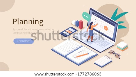 Woman Planing and Putting Check Mark on Laptop Screen. Office Desk with Planners, Organizers, Notebooks. Planning, Personal Organizer and Time Management Concept. Flat Isometric Vector Illustration.